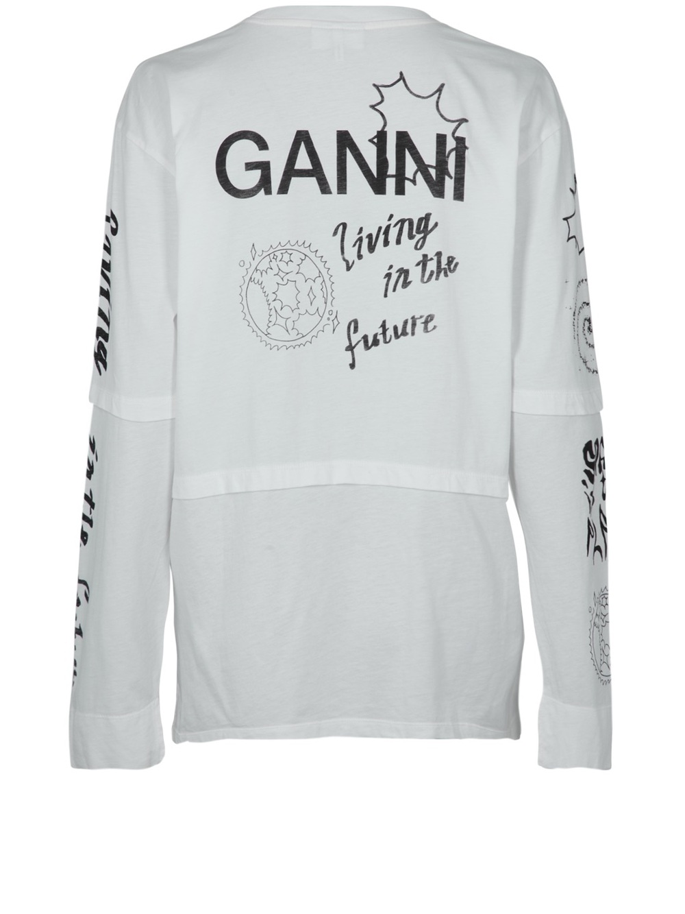 Ganni White Long-Sleeve Graphic Tee with Black Prints size small